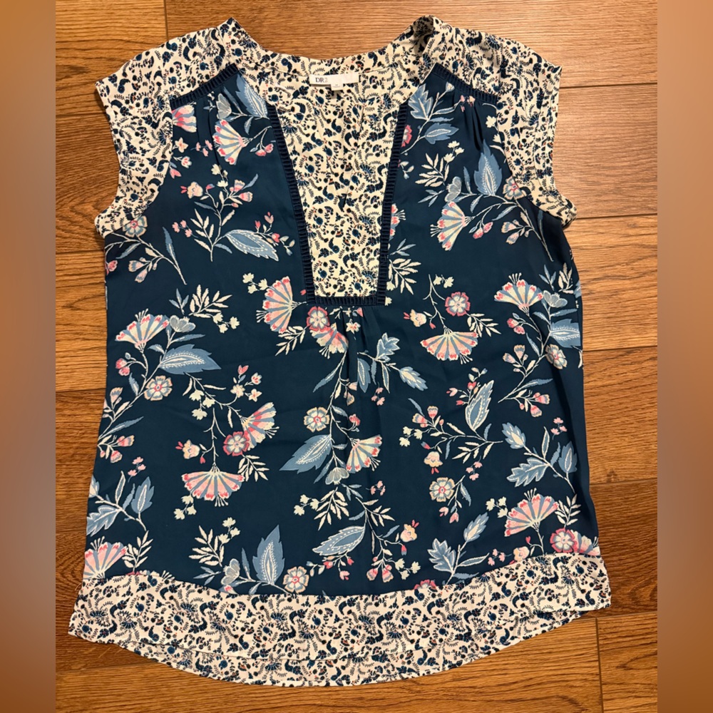 DR2 Navy Floral Mixed-Print Cap Sleeve Top